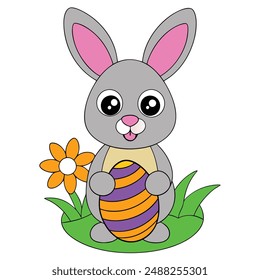 Cute rabbit with Easter egg vector illustration, ideal for clipart, line art, and printable designs.
