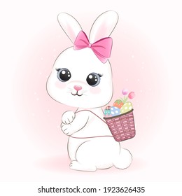 Cute Rabbit and Easter eggs in basket, Easter day concept illustration