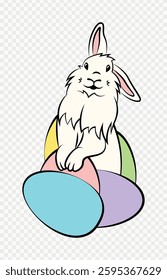 Cute rabbit with Easter eggs. Bunny. Easter. Symbol of Easter. Silhouette. Contour. Linear drawing. Flat vector illustration on a transparent background.