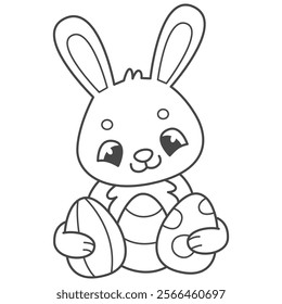 Cute rabbit with Easter eggs coloring book for kids. Coloring page with Easter bunny. Monochrome black and white illustration. Vector children's illustration.