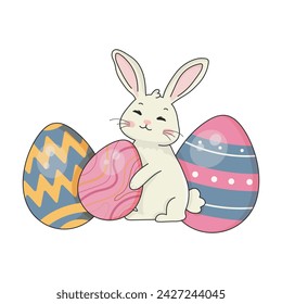 Cute rabbit with easter eggs on white background. Congratulations and gifts for Easter