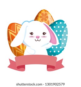 cute rabbit with easter eggs painted