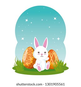 cute rabbit with easter eggs painted