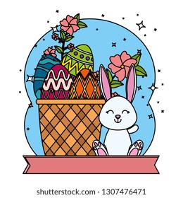 cute rabbit with easter eggs painted in basket and flowers