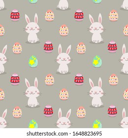 Cute rabbit and easter eggs seamless pattern. Lovely bunny on easter background.