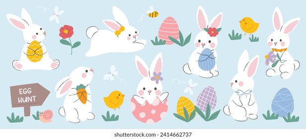 Juego de vectores de conejo y elemento de Pascua. Conejo esponjoso dibujado a mano, huevo de Pascua, flor de primavera, zanahoria, polluelo, abeja. Colección de conejito de doodle y adorable diseño para decoración, tarjeta, niños, pegatina.