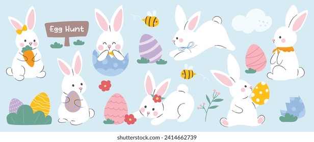 Juego de vectores de conejo y elemento de Pascua. Conejo esponjoso dibujado a mano, huevo de Pascua, flor de primavera, zanahoria, polluelo, abeja. Colección de conejito de doodle y adorable diseño para decoración, tarjeta, niños, pegatina.