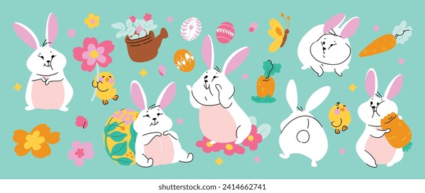 Juego de vectores de conejo y elemento de Pascua. Conejo esponjoso dibujado a mano, huevo de Pascua, flores de primavera, zanahoria, polluelo. Colección de conejito de doodle y adorable diseño para decoración, tarjeta, niños, pegatina.