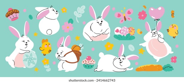 Juego de vectores de conejo y elemento de Pascua. Conejo humedecido a mano, huevo de Pascua, flor, zanahoria, polluelo, quequito. Colección de conejito de doodle y adorable diseño para decoración, tarjeta, niños, pegatina.