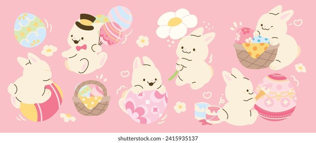 Cute rabbit and easter element vector set. Hand drawn fluffy rabbit, easter egg, flower, carrot, balloon. Collection of doodle bunny and adorable design for decorative, card, kids, sticker, easter.