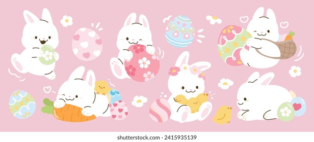 Cute rabbit and easter element vector set. Hand drawn fluffy rabbit, easter egg, flower, carrot, chick. Collection of doodle bunny and adorable design for decorative, card, kids, sticker, easter.