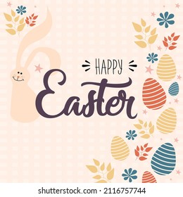 cute rabbit and easter set of flowers and eggs. happy easter greeting card