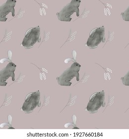 Cute rabbit with Easter willow on a pink background. Seamless vector illustration. Watercolor background. Easter holiday.