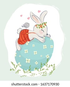 Cute rabbit with eater egg and little bird vector illustration. Happy easter cards. T shirt prints, children artworks.