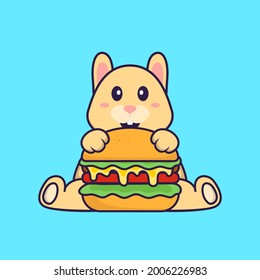 Cute rabbit eating burger. Animal cartoon concept isolated. Can used for t-shirt, greeting card, invitation card or mascot.