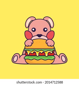 Cute rabbit eating burger. Vector Illustration