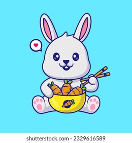 Zanahoria de Conejo Cuta comiendo zanja con vectores de dibujos animados Chopsticks Ilustración del icono. Vector Premium Aislado De Icono De Alimentos Animales. Estilo de dibujo plano