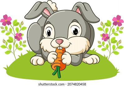 The cute rabbit is eating the carrot in the garden of illustration