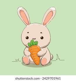 cute rabbit eating carrot in vector cartoon illustration