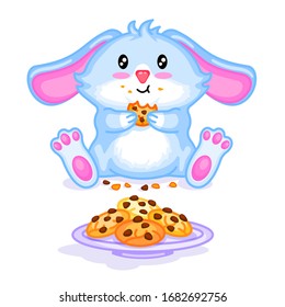 Cute rabbit eating cookie. Kawaii cartoon with plate of baking. Fluffy funny animal. Happy Easter symbol. Spring greeting card template. Print on baby products, cards, handmade. Vector illustration.