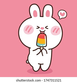 Cute rabbit eating icecream on pink background. Summer concept. Cartoon character Animal doodle design. Kawai Vector Illustration.