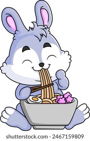 Cute rabbit Eating Ramen Bowl With Chopstick of illustration