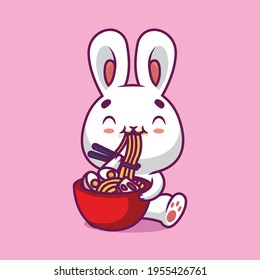 Cute rabbit eating ramen noodle with chopstick cartoon illustration The Concept of Isolated Technology. Flat Cartoon Style Suitable for Landing Web Pages, Banners, Flyers, Stickers, Cards