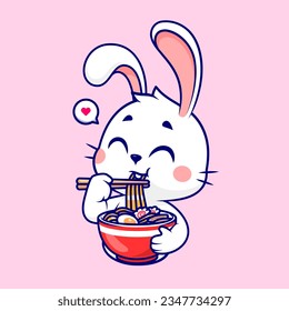 Cute Rabbit Eating Ramen Noodle Cartoon Vector Icon Illustration. Animal Food Icon Concept Isolated Premium Vector. Flat Cartoon Style