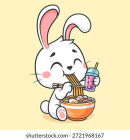 Cute Rabbit Eating Ramen Noodle And Drink Milk Tea Boba Cartoon Vector Icon Illustration. Animal Food Icon Concept Isolated Premium Vector. Flat Cartoon Style