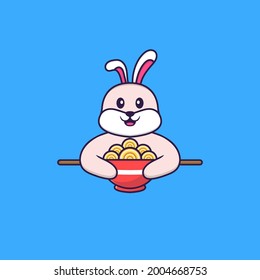 Cute rabbit eating ramen noodles. Animal cartoon concept isolated. Can used for t-shirt, greeting card, invitation card or mascot.