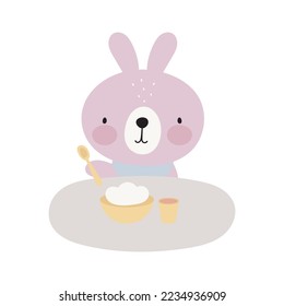 Cute Rabbit is eating. Vector illustration. For kids stuff, card, posters, banners, children books, printing on the pack, printing on clothes, fabric, wallpaper, textile.