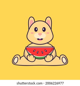 Cute rabbit eating watermelon. Animal cartoon concept isolated. Can used for t-shirt, greeting card, invitation card or mascot.