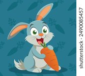 Cute Rabbit Eats Carrot Cartoon Vector Icon Illustration. Bunny illustration for children. Cute fairy print bunny for clothes, stationery, books. Easter rabbit, Bunny Eats Carrot. Flat Cartoon Style