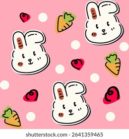Cute rabbit eats carrot happily. Cute and lovely. Colorful mood. Pink background for kids.