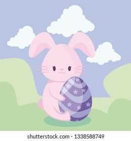 cute rabbit with egg of easter in landscape