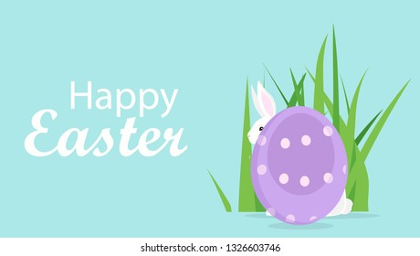 Cute rabbit with egg in grass. Happy Easter decoration