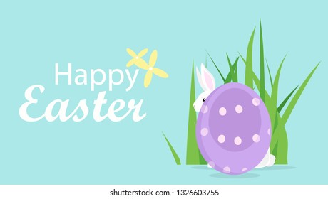 Cute rabbit with egg in grass. Happy Easter decoration