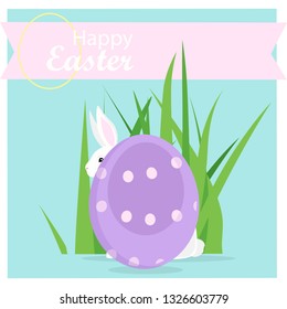Cute rabbit with egg in grass. Happy Easter decoration