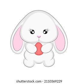 Cute rabbit with egg Happy Easter, Easter eggs and rabbit in cartoon style White hare on a white background one line, Print for t-shirt, cup, baby clothes vector illustration