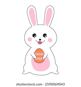 Cute rabbit and egg isolate on white background.Happy Easter Day element.Kawaii smiling bunny holding egg cartoon character vector illustration symbol.