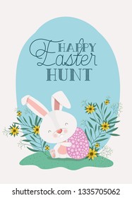 cute rabbit with egg painted and flowers in the garden