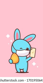 cute rabbit with egg and smartphone wearing face mask to prevent coronavirus happy easter bunny sticker spring holiday concept vertical greeting card vector illustration