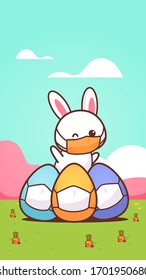 cute rabbit with egg wearing mask to prevent coronavirus happy easter bunny sticker spring holiday concept landscape background vertical greeting card vector illustration