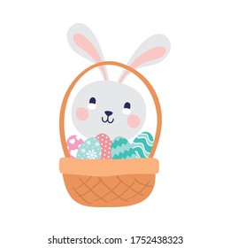 cute rabbit with eggs in basket happy easter character vector illustration design