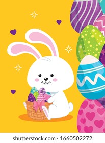 cute rabbit with eggs easter decorated vector illustration design