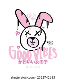 Dibujo divertido estilo manga de anime con emoji de conejo lindo. Tipografía japonesa de chicas bonitas. Diseño de ilustraciones vectoriales para gráficos de moda, estampados de camisetas, afiches.