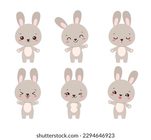 Cute rabbit emoji icon set. Kawaii woodland animal icons. Messenger emoji. Kawaii bunny emoticon smiling. Happy facial expressions. Cartoon animals vector signs. Chibi anime hare emoticons.