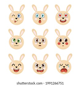 Cute rabbit emotions collection. Different emotional faces set with bunny. Learning feeling poster for school and preschool. Vector illustration