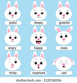 Cute rabbit emotions collection. different emotional faces set with rabbit learning feeling poster