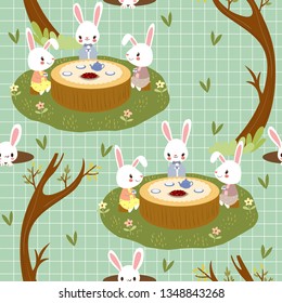 cute rabbit enjoy tea party in woodlands seamless pattern